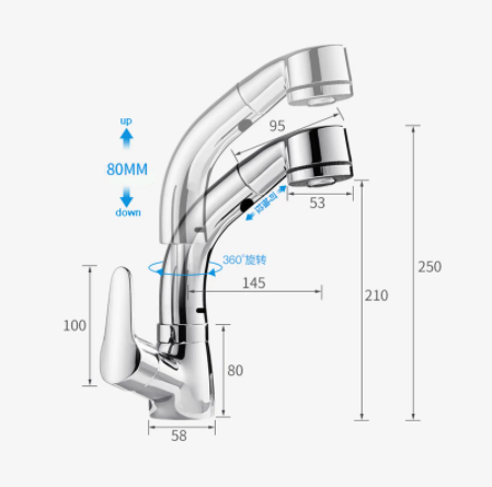 POIQIHY Pull Out Black Bathroom Sink Faucet Hot and Cold Water Mixer Crane Lift Up and down Chrome 360 Degree Water Mixer Tap